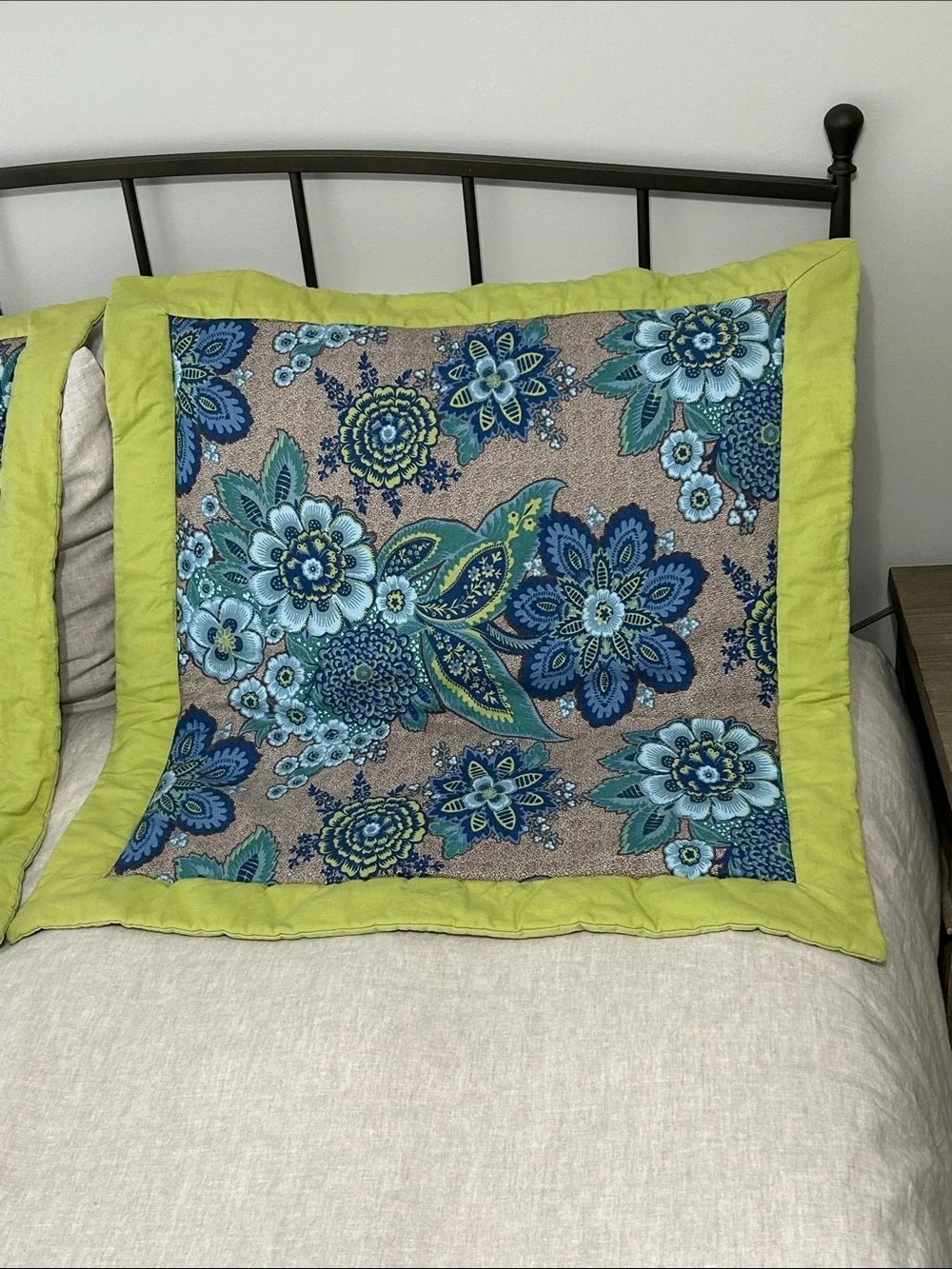 Set of two Square euro sham pillow covers.Floral Blue & Lime. 30 x 30 inches